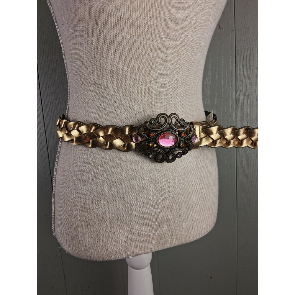 Vintage Statement Belt Womens 12‎ Gold Braided Faux Leather Boho Filigree Gems